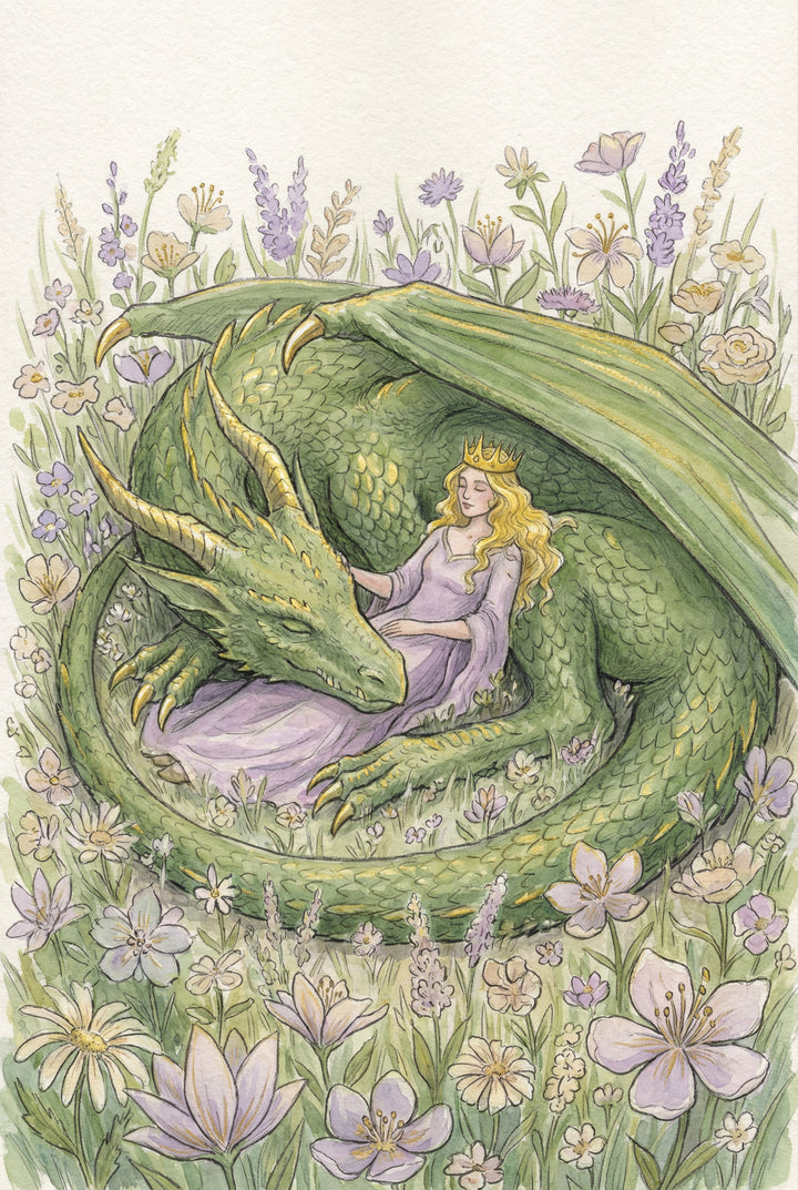 Fantasy wall art print of a green dragon curled protectively around a crowned woman in a flowing lavender dress as she rests in a field of soft pastel wildflowers. The dragon forms a shelter with its wings and tail, creating a peaceful storybook scene in gentle green, cream, and lilac tones.
