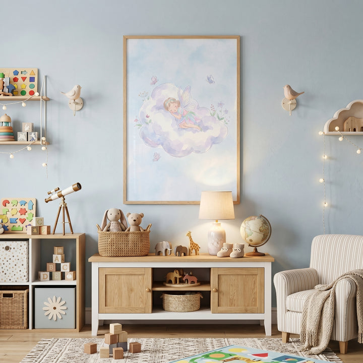 Blue nursery featuring wooden toys, an armchair, and sleeping purple cloud fairy wall art above a storage cabinet.