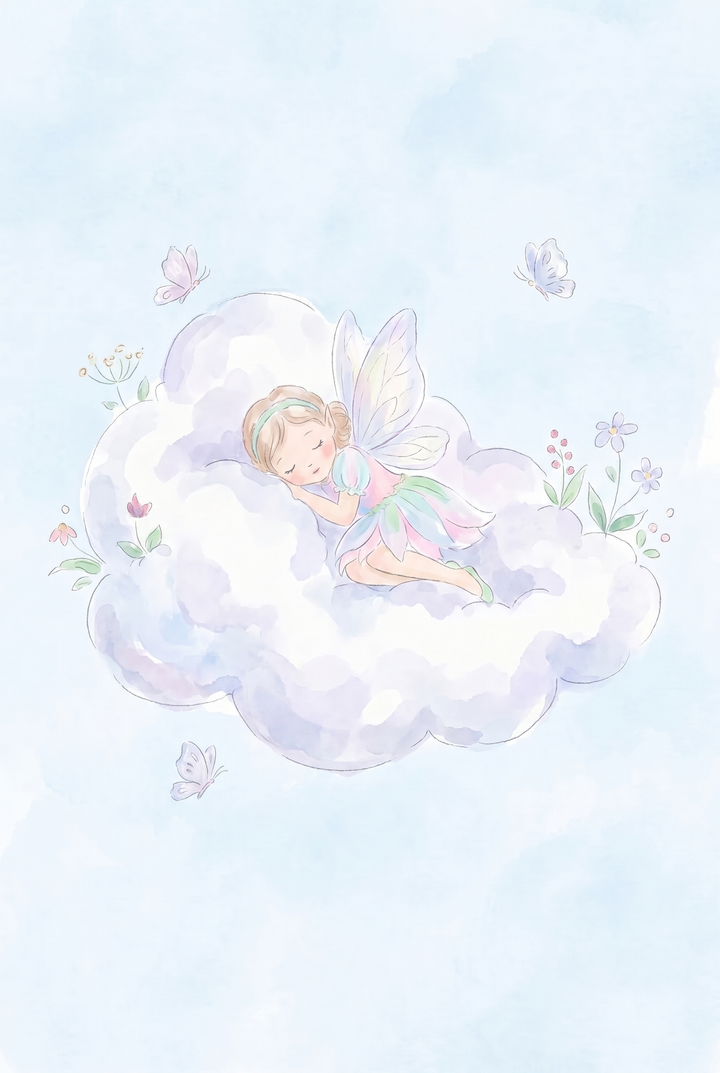 Sleeping purple cloud fairy wall art featuring a tiny fairy resting on a soft cloud with butterflies and flowers.
