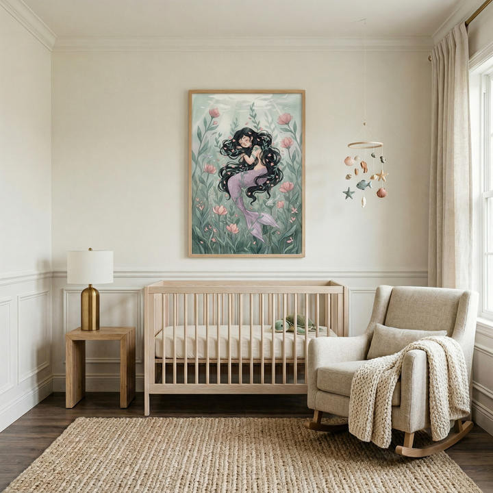 Neutral toned nursery with a light wood crib centered against a white wall featuring a framed illustration of a sleeping mermaid with long dark hair surrounded by pink flowers. A beige rocking chair with a knitted blanket sits beside the crib and a seashell mobile hangs near a sunlit window creating a calm cozy atmosphere.
