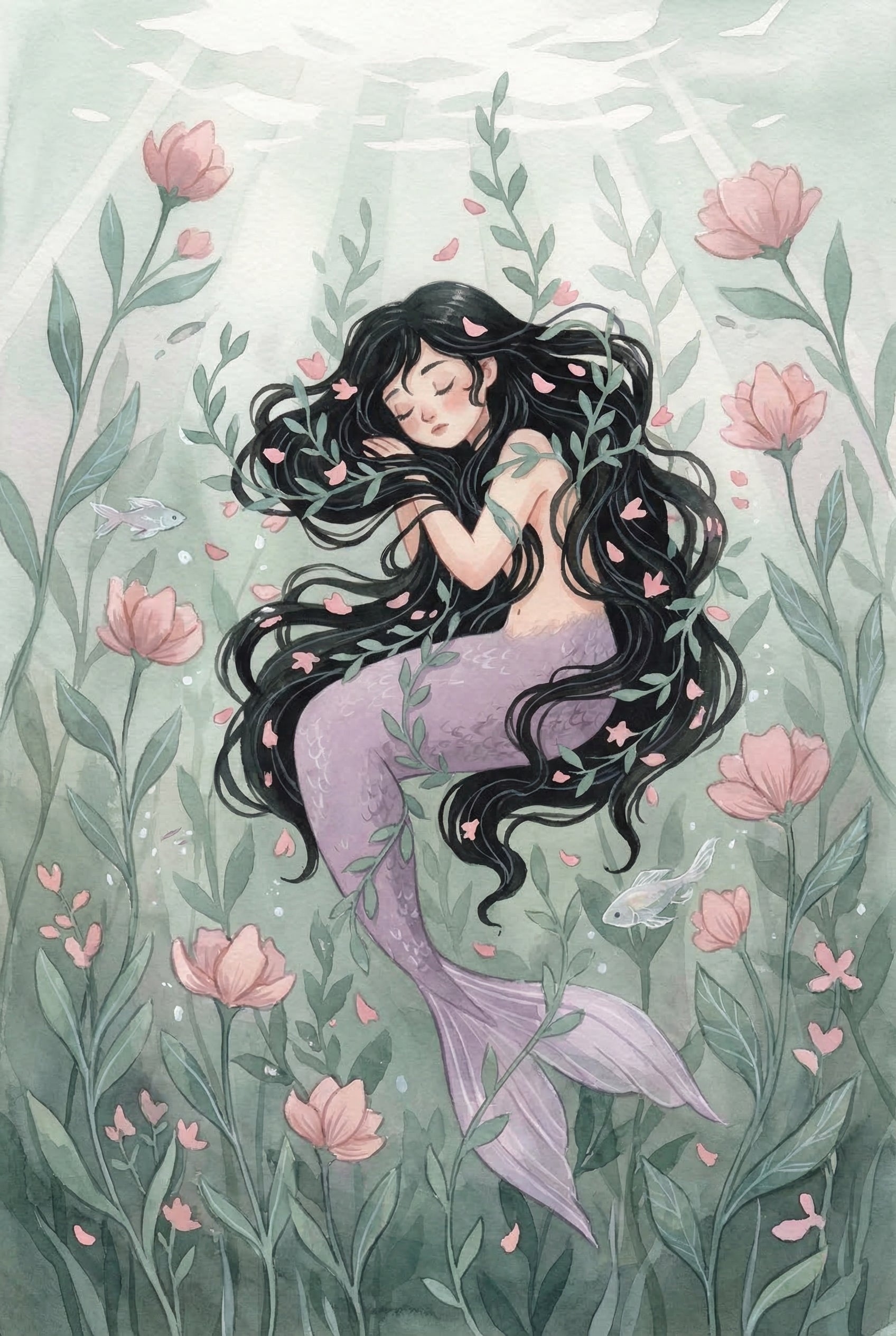 Sleeping Purple Tail Mermaid Wall Art - Sleeping Floral Mermaid