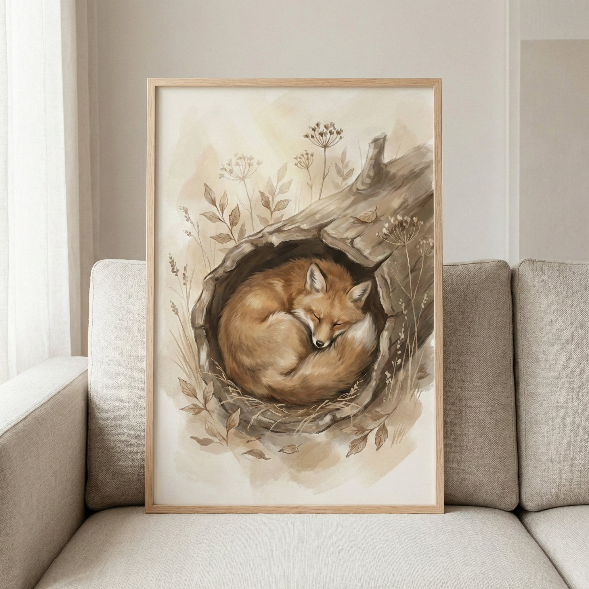 A framed vertical artwork displays a soft illustration of a fox curled up and sleeping inside a hollow log. The scene is rendered in warm, muted earth tones of brown, tan, and cream. Delicate botanical details, including dried grasses and seed heads, surround the log, adding to the natural, peaceful atmosphere. The artwork is presented in a simple, light-toned wood frame and is positioned resting on a neutral-colored fabric sofa against a plain wall.