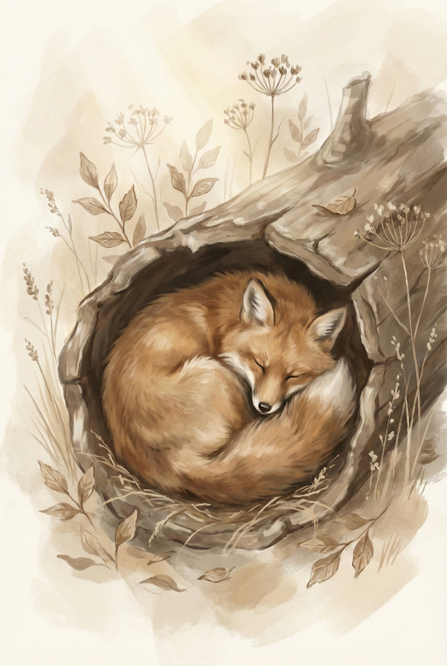 A red fox is tightly curled inside the hollow of a tree trunk, surrounded by soft grasses and dried wildflowers. The muted beige and brown palette creates a peaceful forest atmosphere.