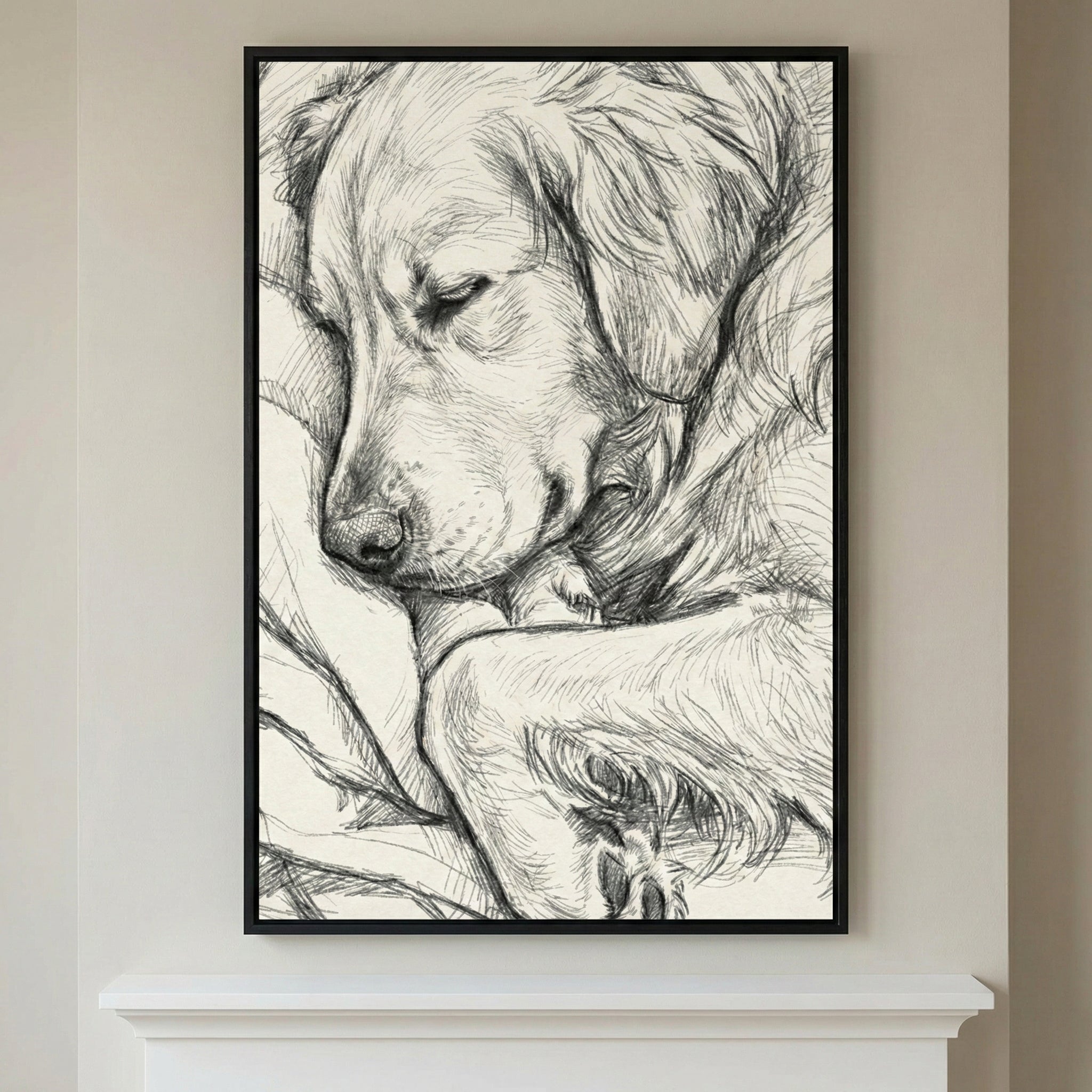 A black and white sketch of a sleeping long-haired dog, shown in a close-up view. The dog's head is resting on its paw. The artwork is framed in a simple black frame and hanging on a light-colored wall above a white mantelpiece.