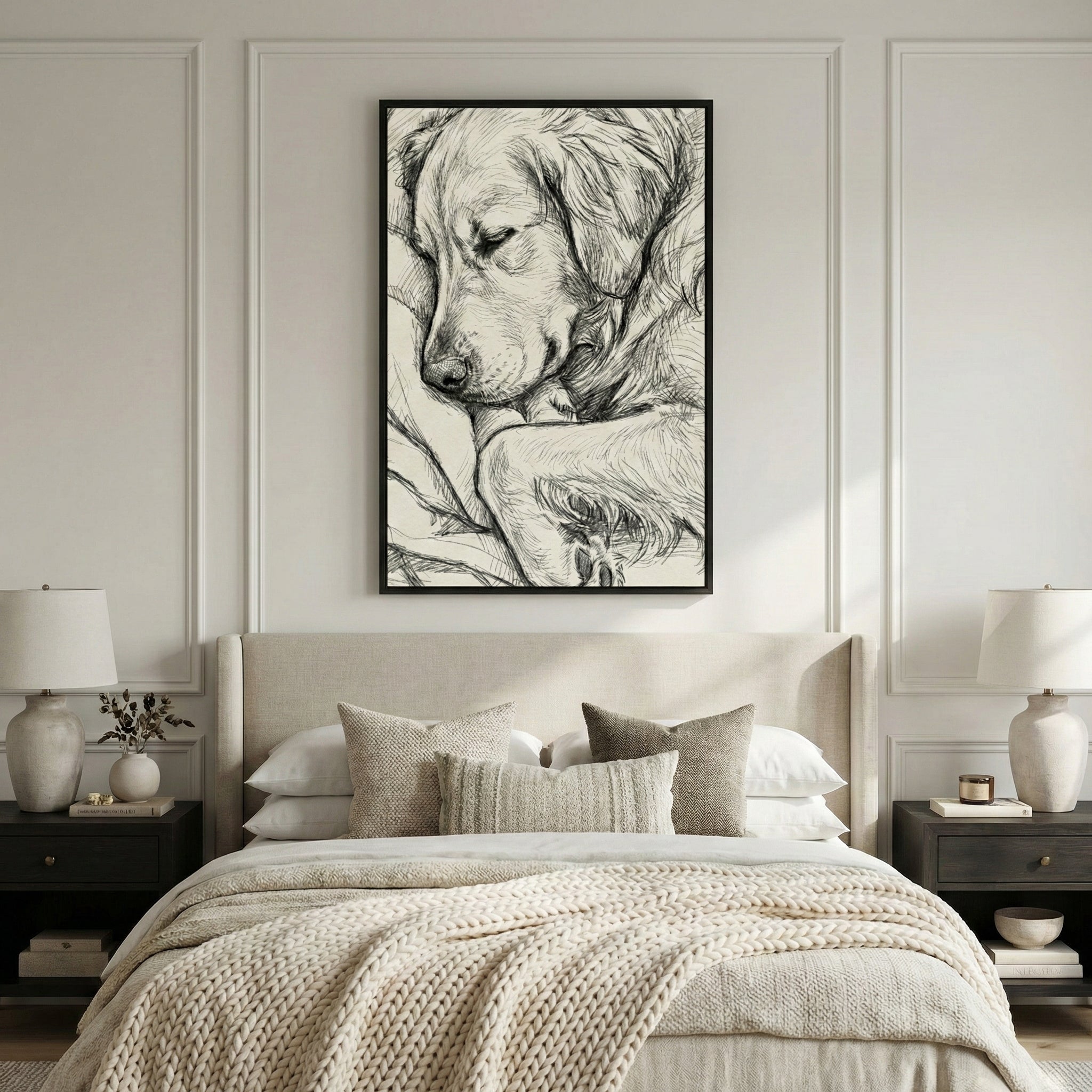 A serene bedroom scene featuring a large, framed black and white sketch of a sleeping dog centered on a wall with decorative molding. Below the art, a bed with a light-colored upholstered headboard is dressed in white linens and a thick, cream-colored chunky knit throw blanket. Several decorative pillows in neutral tones and various textures are layered against the headboard. 