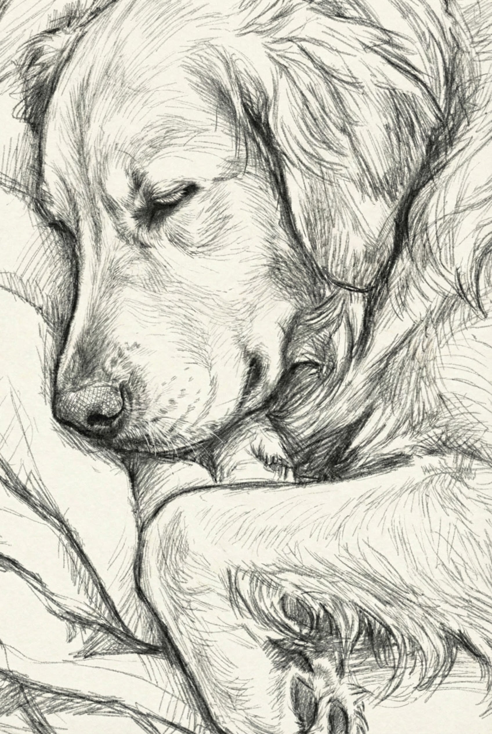 Close-up pencil sketch of a golden retriever's sleeping face and front paws, showing soft fur textures and relaxed features.