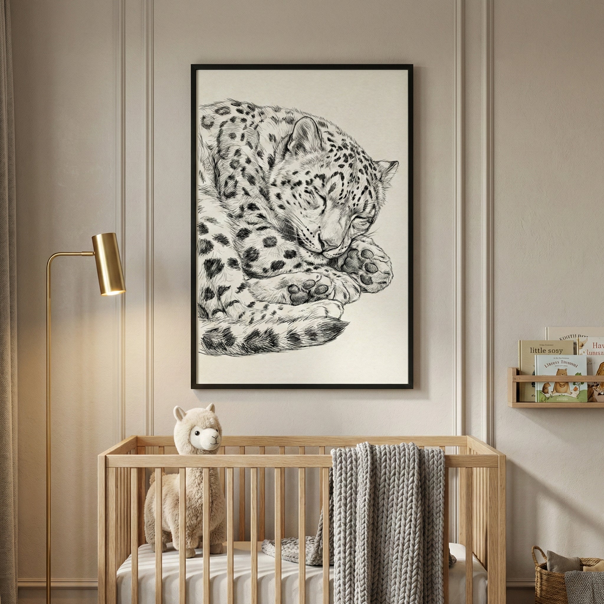 A framed black and white sketch of a sleeping leopard hangs on a paneled wall above a light-colored wooden crib in a neutral-toned nursery. A plush llama toy and a grey knitted blanket rest inside the crib. To the left, a tall gold floor lamp with a slim head illuminates the corner. On the right, a small wooden wall shelf holds several children's books.