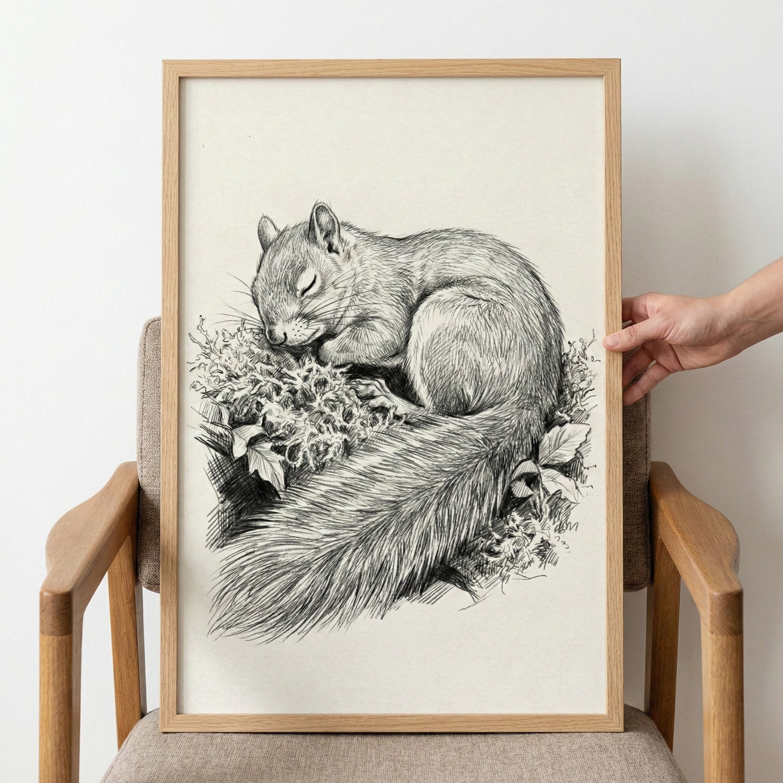 A black and white sketch of a sleeping squirrel is displayed in a light-colored wooden frame. The detailed drawing shows the animal curled up on a bed of moss and leaves, with its eyes closed and its large, bushy tail resting in the foreground. The frame is propped up on a textured chair against a plain white wall, and a hand holds its right side.