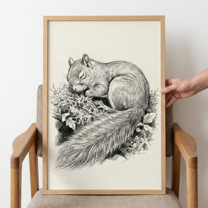 A black and white sketch of a sleeping squirrel is displayed in a light-colored wooden frame. The detailed drawing shows the animal curled up on a bed of moss and leaves, with its eyes closed and its large, bushy tail resting in the foreground. The frame is propped up on a textured chair against a plain white wall, and a hand holds its right side.