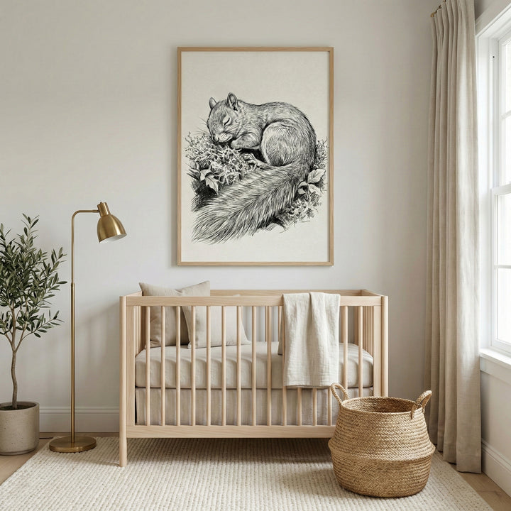 A minimalist nursery features a light wood crib centered against a white wall. Above the crib hangs a large, framed black-and-white sketch of a sleeping squirrel. To the left of the crib stands a slender brass floor lamp and a small potted plant in a ceramic pot. To the right, a woven storage basket sits on a textured, neutral-toned rug. A window with long, beige curtains is visible on the far right, allowing soft light into the serene room.