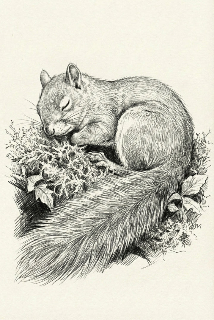 Detailed sketch of a squirrel sleeping curled up on a soft bed of moss and leaves, its bushy tail wrapped protectively around its body.

