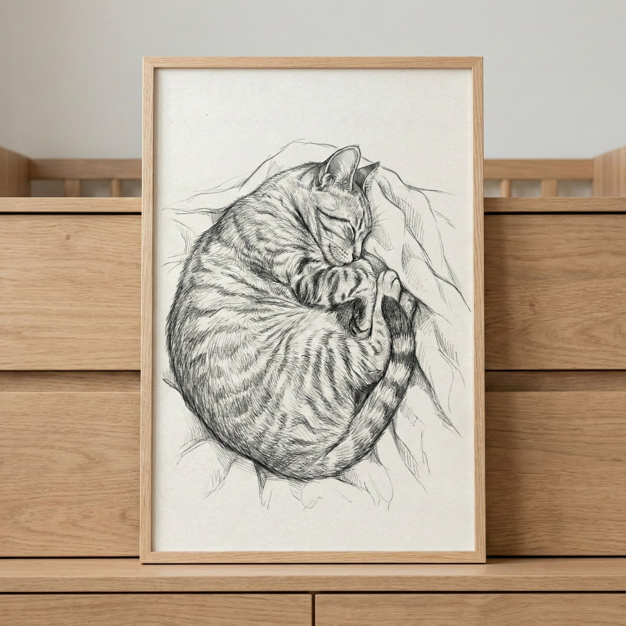 A framed pencil sketch of a striped cat curled up and sleeping peacefully on soft bedding. The monochromatic illustration is displayed in a light-colored wooden frame resting on a wooden dresser.