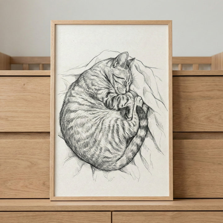 A framed pencil sketch of a striped cat curled up and sleeping peacefully on soft bedding. The monochromatic illustration is displayed in a light-colored wooden frame resting on a wooden dresser.