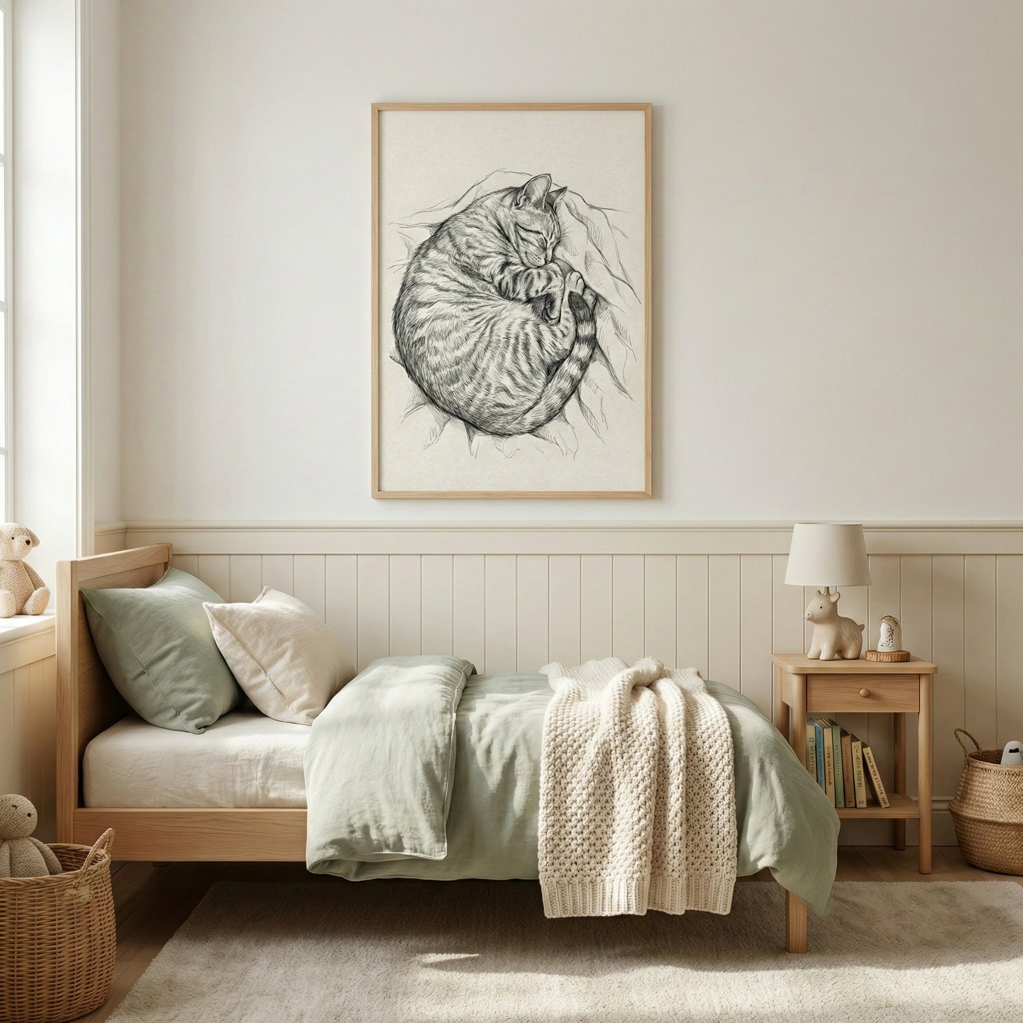 A minimalist, cozy bedroom features a single wooden bed with light sage green and cream-colored bedding. Above the bed hangs a large framed charcoal sketch of a curled-up tabby cat. To the side of the bed is a small wooden nightstand with a lamp and books. The room is decorated in neutral earth tones with light wood paneling and natural woven baskets, creating a calm and peaceful atmosphere.