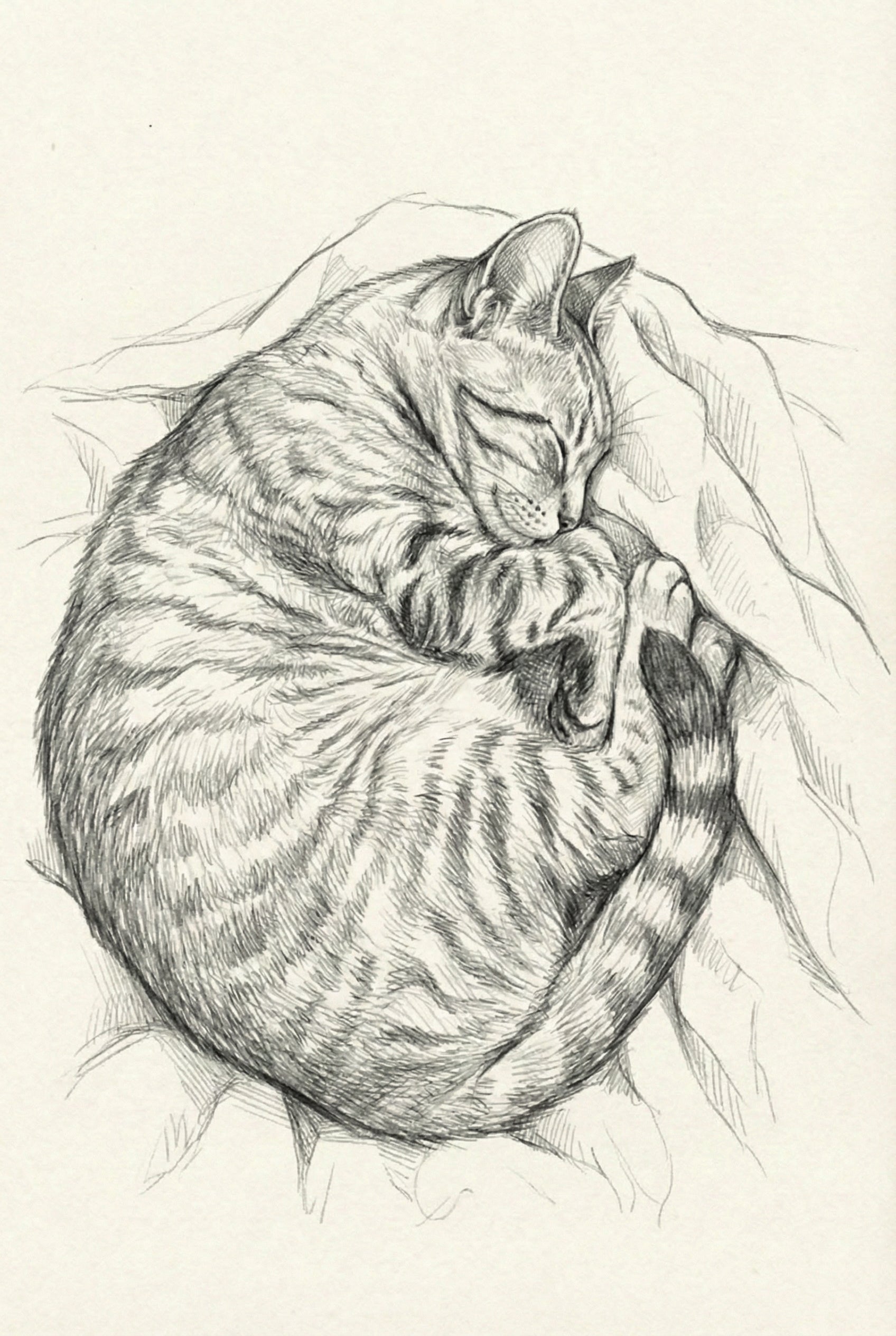Pencil drawing of a curled-up tabby cat sleeping on a crumpled blanket, with detailed fur patterns and a relaxed posture.

