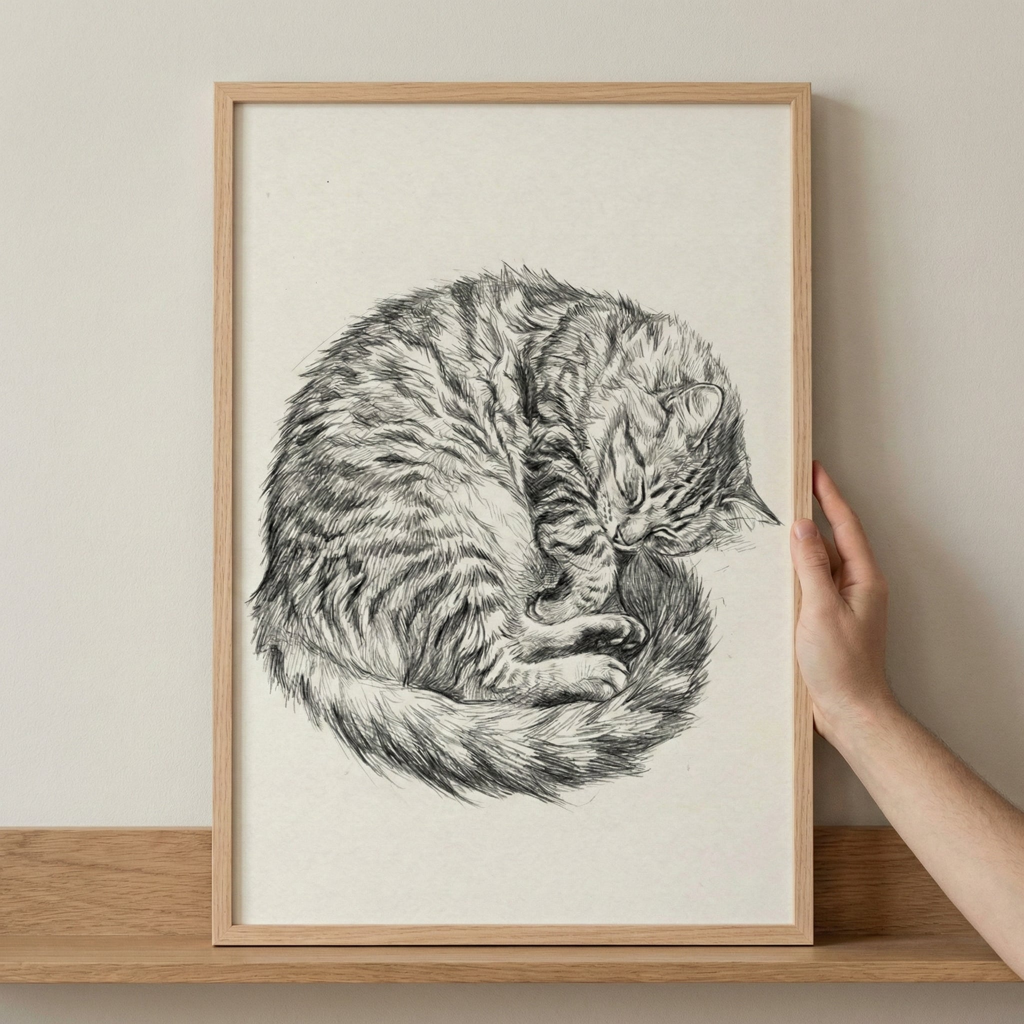 A detailed black and white pencil sketch of a tabby cat curled up and sleeping. The artwork is presented in a simple, light-toned wooden frame. A person's hand is visible on the right side, holding the edge of the frame, which sits on a wooden shelf against a neutral background.