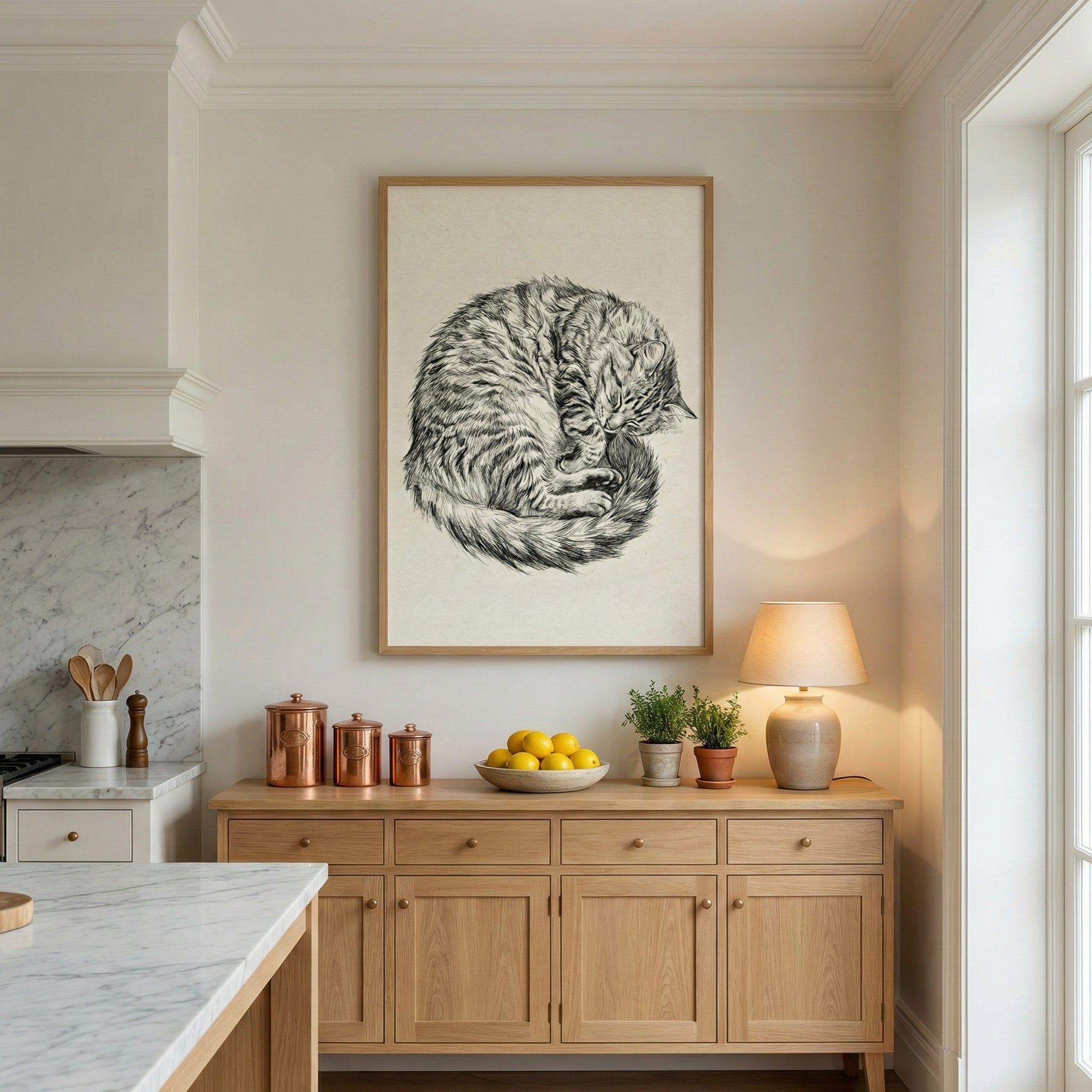 A bright, minimalist interior featuring a large, framed black and white sketch of a curled-up tabby cat on a neutral wall. Below the artwork sits a light wood sideboard decorated with three copper canisters, a bowl of yellow lemons, two small green plants in pots, and a simple table lamp with a cream-colored shade. To the left, a portion of a white kitchen counter and a marble-topped island are visible. 