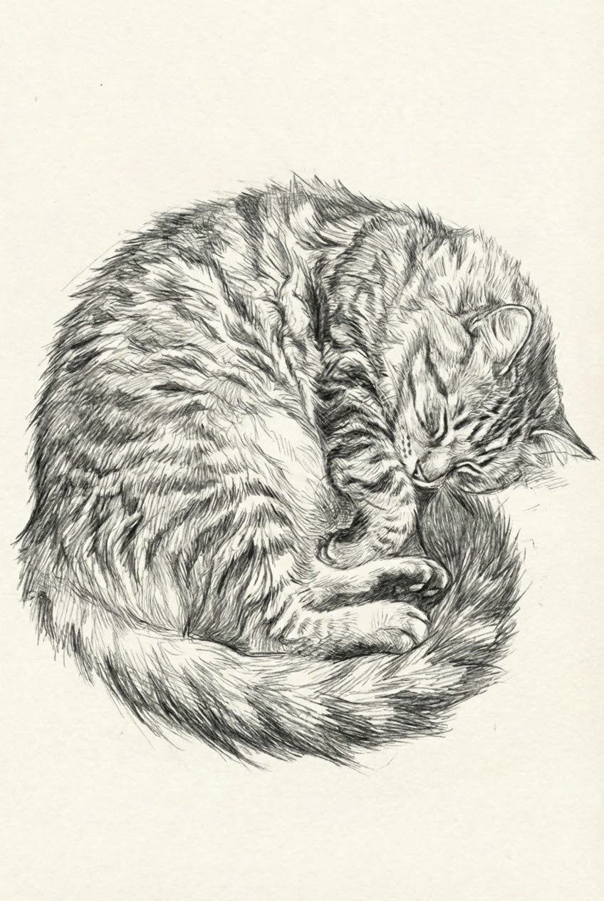 Realistic pencil drawing of a tabby cat curled into a ball while sleeping, with detailed stripes and a fluffy tail wrapped along its body.