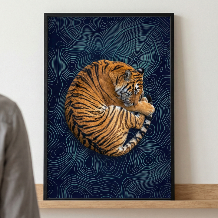 A framed piece of art rests on a light wooden shelf against a neutral wall. The central subject is a detailed tiger curled into a circular pose, with its head tucked near its tail. Its vibrant orange fur and black stripes contrast sharply with a dark navy background. The background is adorned with thin, light-blue concentric lines that create a flowing, topographical-like pattern. The piece is encased in a slim black frame. Part of a person's grey-clad shoulder is visible on the left side.