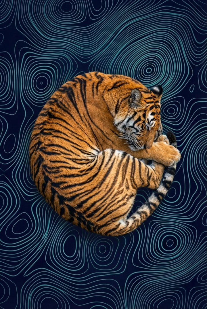 A curled-up tiger sleeps peacefully on a dark background filled with swirling topographic-style blue lines. The composition is symmetrical and serene.