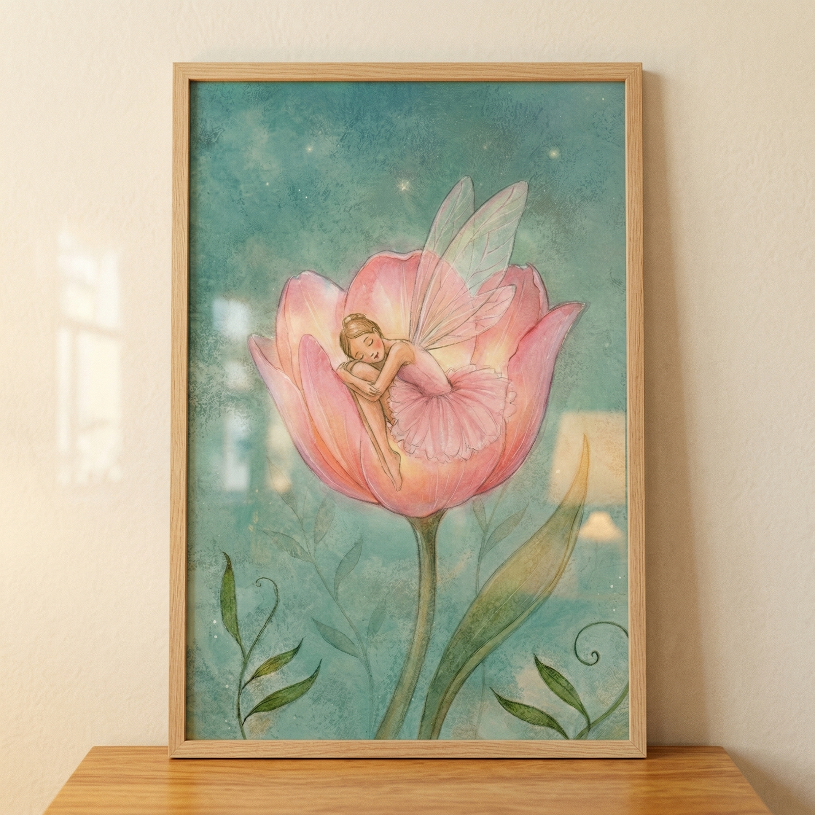 A framed piece of wall art featuring an illustration of a tiny fairy sleeping soundly within the petals of a large pink tulip. The fairy is curled up, has delicate, translucent wings, and wears a pink ruffled outfit. The background is a soft, textured teal with faint shimmering stars and dark green leafy accents at the base. The artwork is housed in a light wood frame and sits on a wooden shelf against a plain, off-white wall.