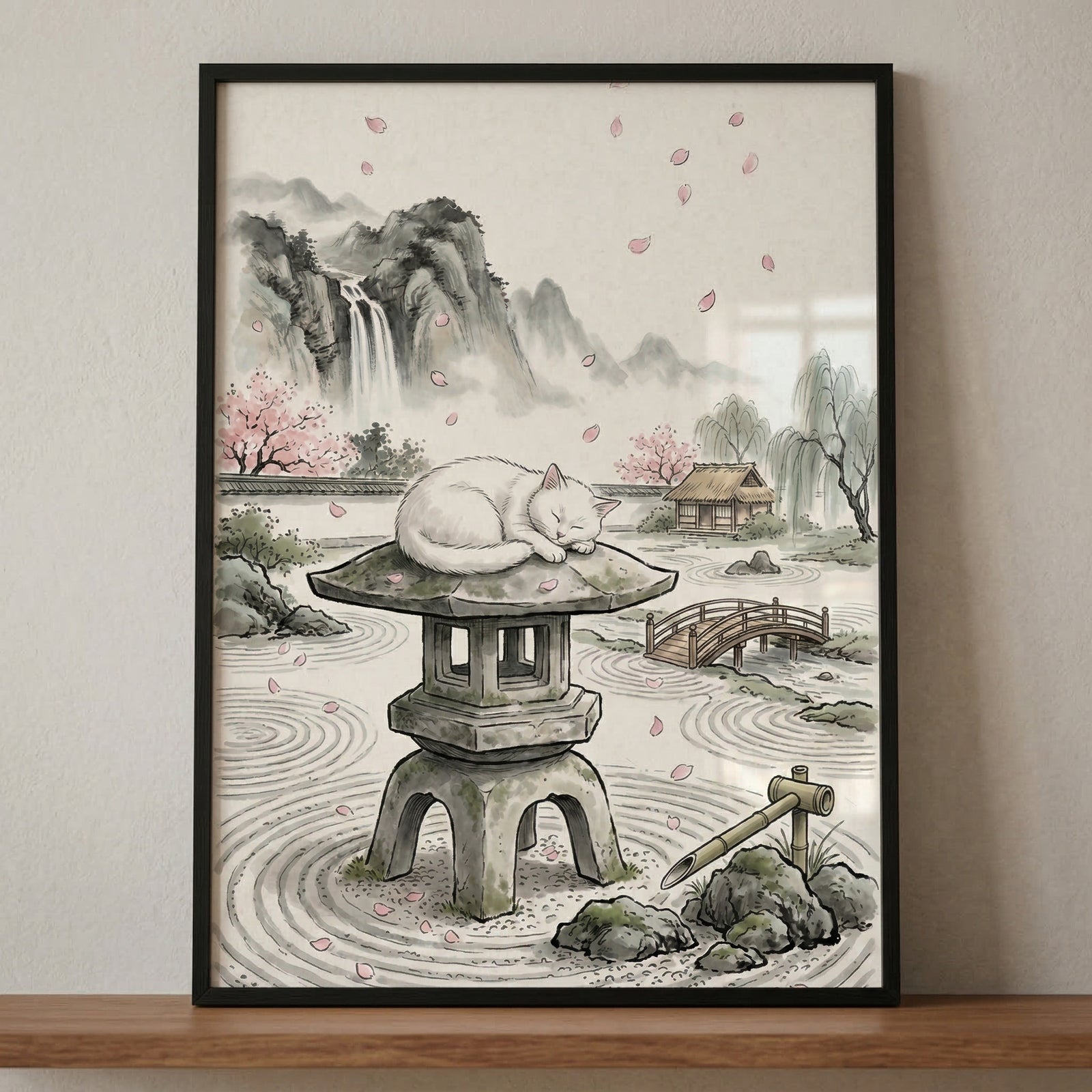 A framed vertical illustration in an ink and watercolor style depicts a tranquil scene. In the center, a white cat sleeps soundly on top of a traditional stone lantern. The lantern is surrounded by a garden of light sand raked into circular patterns. Delicate pink petals drift through the air. In the background, mist-covered mountains feature a tall waterfall. A small wooden bridge, a thatched-roof house, and cherry blossom trees complete the landscape.