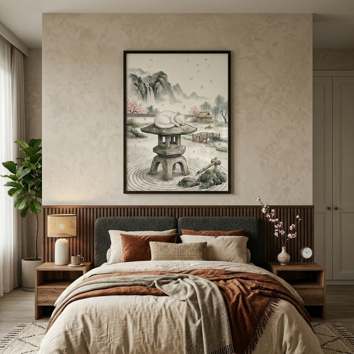 A serene and modern bedroom is shown with a warm, neutral color palette. Above the bed, a large framed artwork depicts a tranquil scene featuring a sleeping white cat perched on a traditional stone lantern in a Japanese-style garden. The background of the framed image shows misty mountains, a cascading waterfall, a small wooden hut, a curved bridge, and blooming pink cherry blossoms. The garden's sand is shown as meticulously raked in circular patterns. 