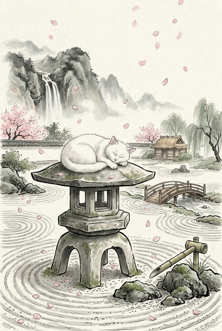 Soft ink and watercolor scene of a white cat sleeping curled on top of a mossy stone lantern in a quiet garden. Pink petals drift through the air above raked sand patterns while a small arched bridge, a cottage, willow trees, and a bamboo water spout sit beside a misty pond. Waterfalls and pale mountains in the background give the artwork a peaceful dreamlike feel.
