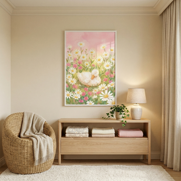 This cozy interior scene showcases a serene, minimalist room with warm, neutral-toned walls. Centered on the wall is a vertical piece of wall art depicting a white duck resting peacefully amidst a lush field of white and pink daisies under a soft, hazy pink sky.
Below the artwork sits a light-colored wooden console table. It features a single wide drawer and an open shelf holding neatly folded textiles in shades of beige, cream, and soft pink. Resting on the tabletop is a small green houseplant in a neutr