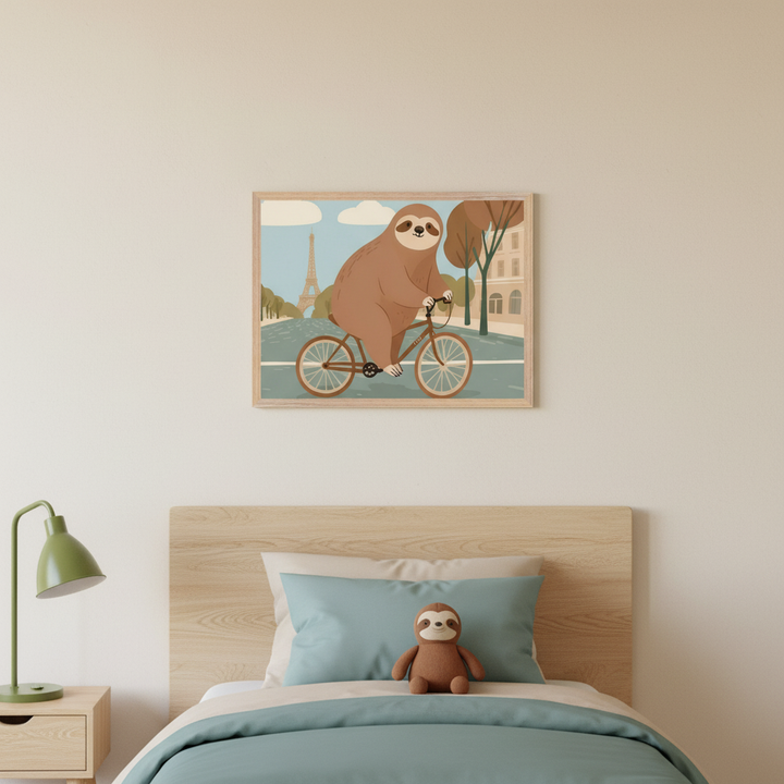 Kid's bedroom with a light wood bed and headboard. A framed, colorful illustration of a cartoon sloth riding a bicycle with the Eiffel Tower in the background hangs centered above the bed. A green lamp sits on a nightstand to the left, and a sloth plushie is on the bed.