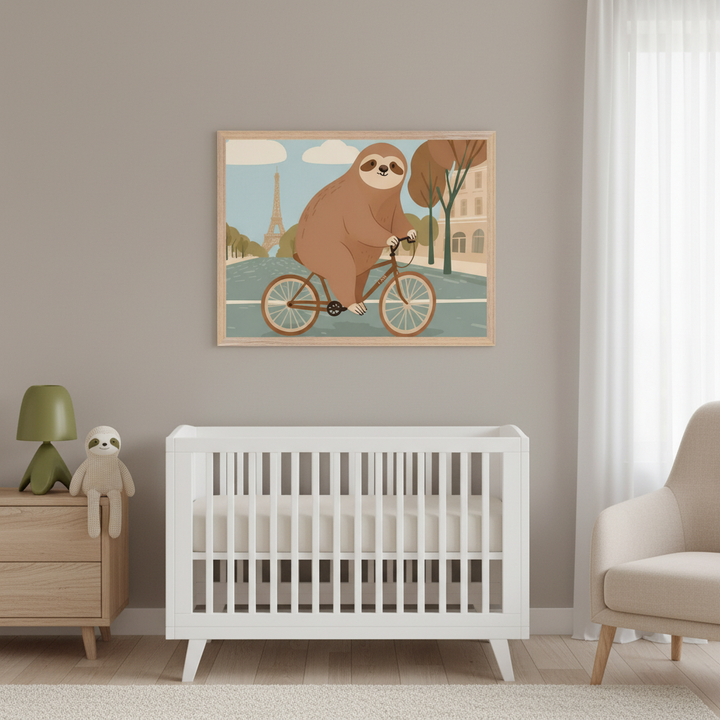 Modern nursery with a white crib, wooden dresser, and beige armchair. A large framed illustration of a brown sloth riding a bicycle in Paris, with the Eiffel Tower in the background, hangs above the crib.