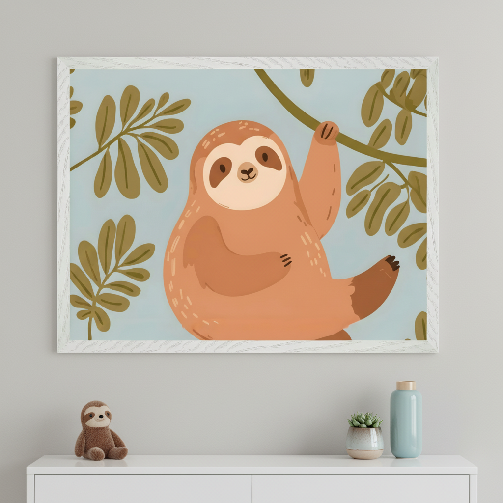 Modern child's room with a white dresser. A framed illustration of a cartoon sloth hanging from a tree branch is centered above the dresser. A stuffed sloth, succulent, and blue vase are on the dresser.