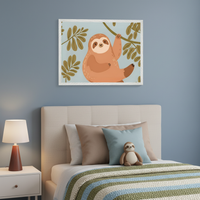 Kid's bedroom with a beige upholstered bed and a white nightstand. A large framed illustration of a cartoon sloth hanging from a branch against a light blue background is centered above the bed.