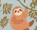 A cute illustrated sloth hangs from a branch against a light blue background, surrounded by green leaves.