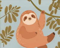 A cute illustrated sloth hangs from a branch against a light blue background, surrounded by green leaves.