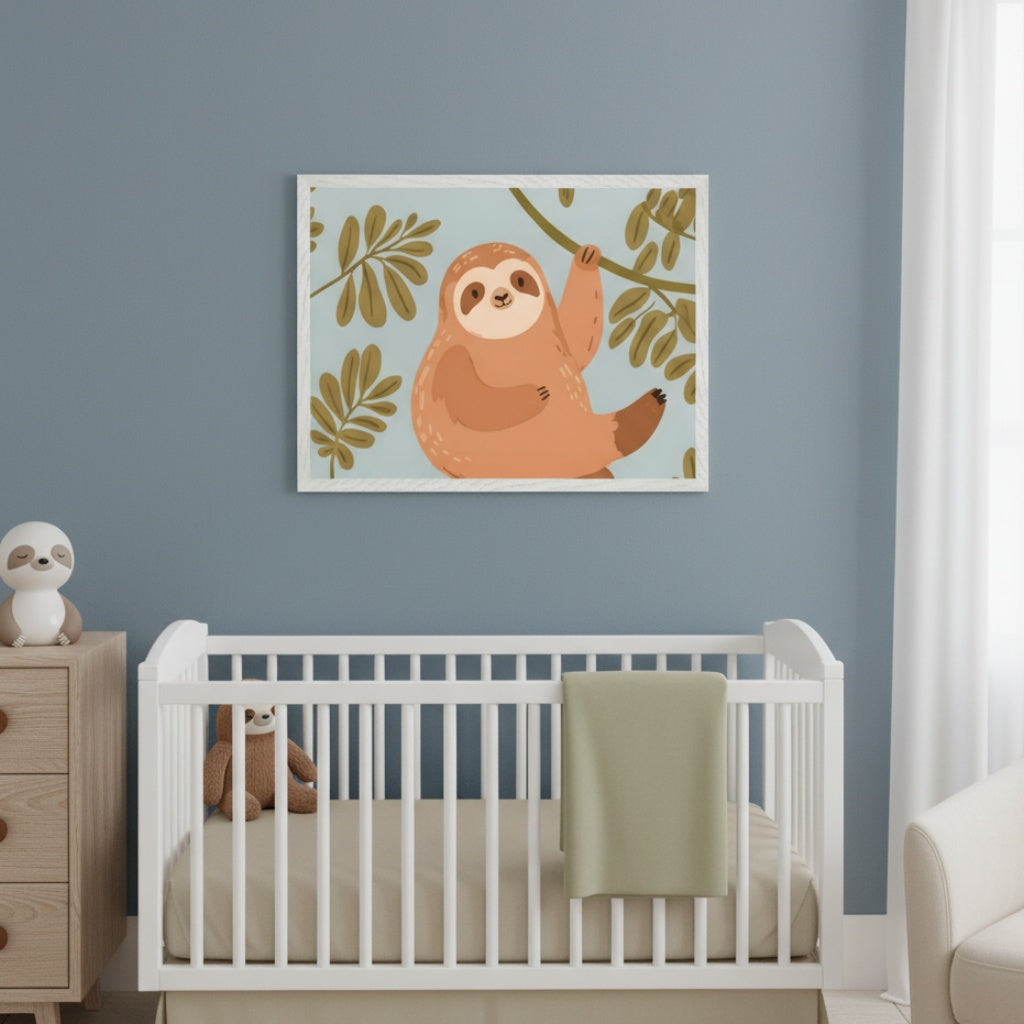 Modern nursery with a white crib, wooden dresser, and sloth nightlight against a blue-gray wall. A framed art print of a cartoon sloth on a branch hangs above the crib, which contains a stuffed sloth and a green blanket.