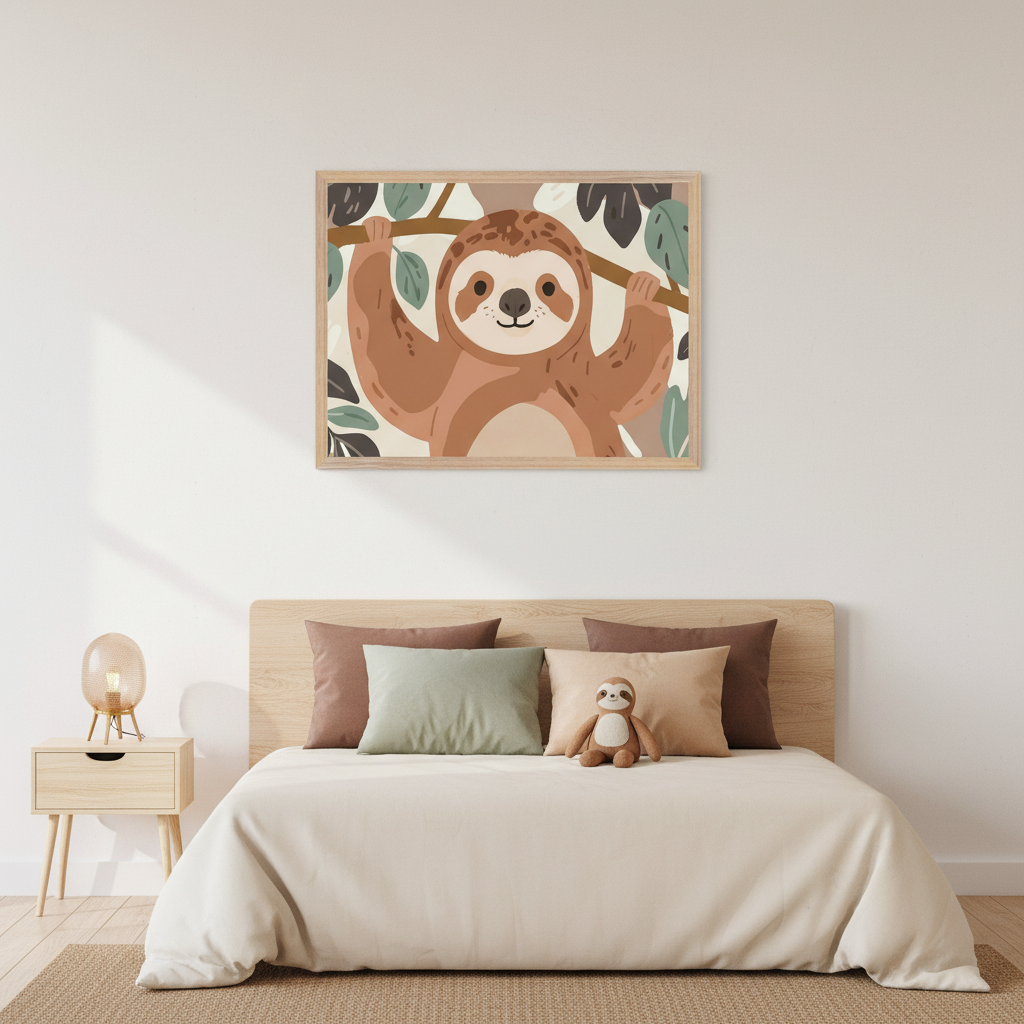 Modern kid's bedroom with a wooden bed, light beige bedding, and a nightstand with a lamp. A framed cartoon illustration of a smiling sloth on a branch hangs centered above the bed.