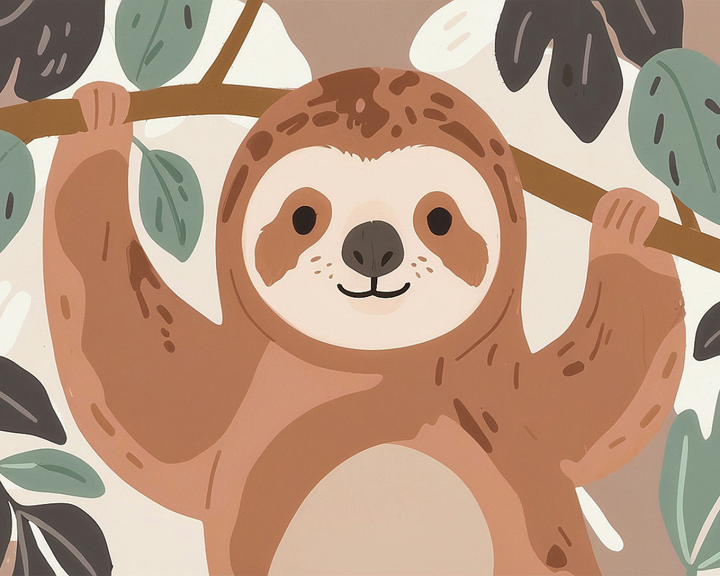 A cute cartoon sloth hangs from a branch, surrounded by large, stylized leaves in shades of green and black.