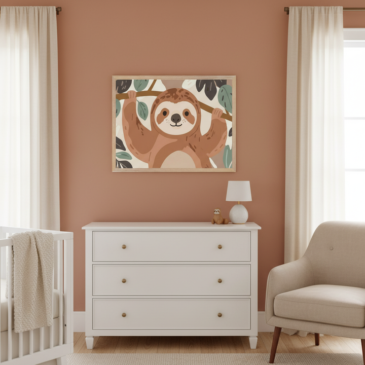 Modern nursery with a terracotta wall. A light wood framed illustration of a happy cartoon sloth hanging from a branch with leaves is centered above a white dresser. A white crib is on the left and a beige armchair is on the right.