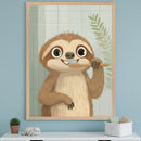 Child's room with a light blue wall. A large framed illustration of a happy brown sloth brushing its teeth hangs centered above a white dresser. The sloth is in front of a tiled bathroom wall with a green plant.