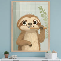 Child's room with a light blue wall. A large framed illustration of a happy brown sloth brushing its teeth hangs centered above a white dresser. The sloth is in front of a tiled bathroom wall with a green plant.