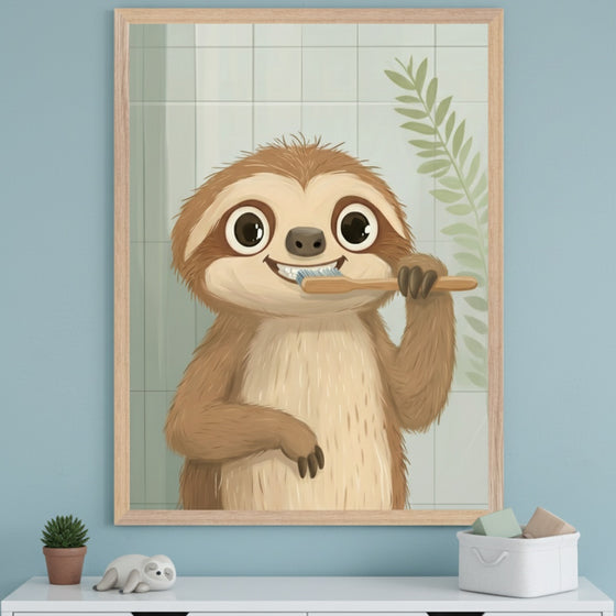 Child's room with a light blue wall. A large framed illustration of a happy brown sloth brushing its teeth hangs centered above a white dresser. The sloth is in front of a tiled bathroom wall with a green plant.