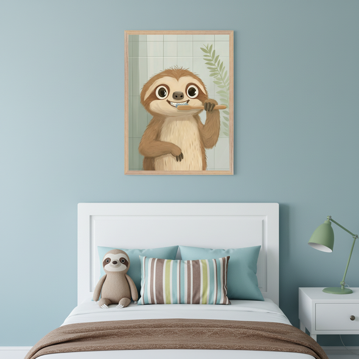 Kid's bedroom with a white bed and headboard against a light blue wall. A framed cartoon illustration of a smiling sloth brushing its teeth hangs centered above the bed. The bed has blue and striped pillows, a brown blanket, and a stuffed sloth. A white nightstand with a green lamp is to the right.
