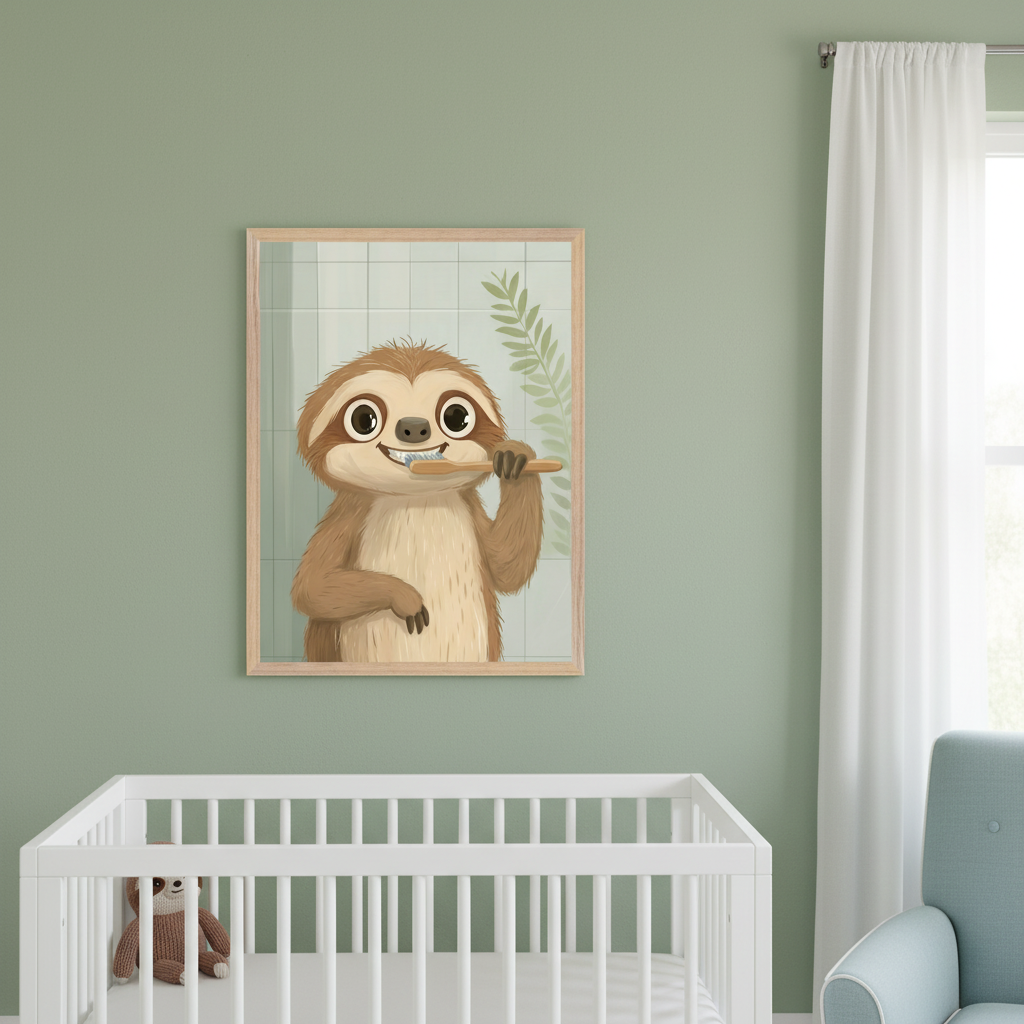 Modern nursery with sage green walls. A white crib is in the foreground, and a light blue armchair is to the right. A framed cartoon print of a sloth brushing its teeth hangs above the crib, to the left of the armchair.
