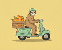 A smiling sloth wearing a green helmet rides a mint green scooter carrying a wooden crate full of oranges, combining a slow-paced vibe with a fresh market delivery scene that suits all age groups.
