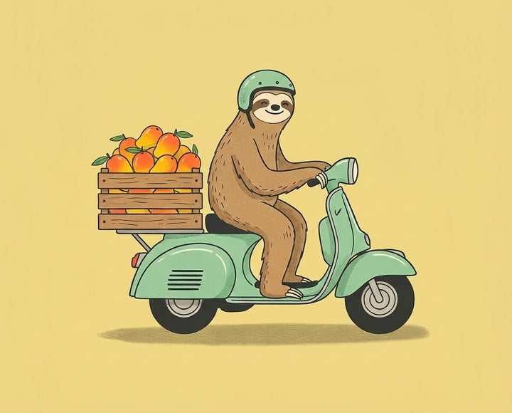 A smiling sloth wearing a green helmet rides a mint green scooter carrying a wooden crate full of oranges, combining a slow-paced vibe with a fresh market delivery scene that suits all age groups.
