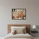 Modern kid's bedroom with a wooden headboard bed and neutral bedding. A framed illustration of two cartoon sloths on a branch with leaves hangs centered above the bed. A sloth plush toy is on the bed, and a leaf lamp is on a floating shelf.