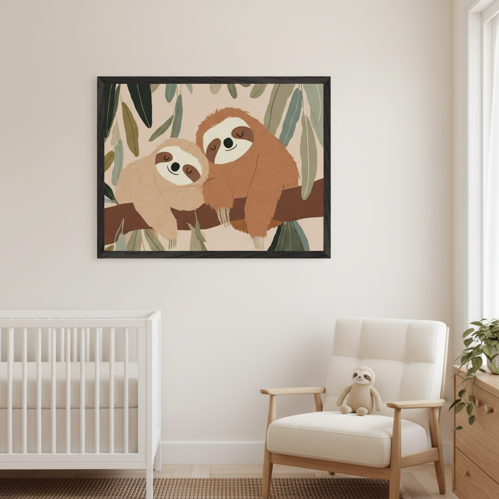 Modern nursery with a white crib and a cream armchair. A large framed illustration of two sleeping sloths on a branch hangs centrally above the furniture.