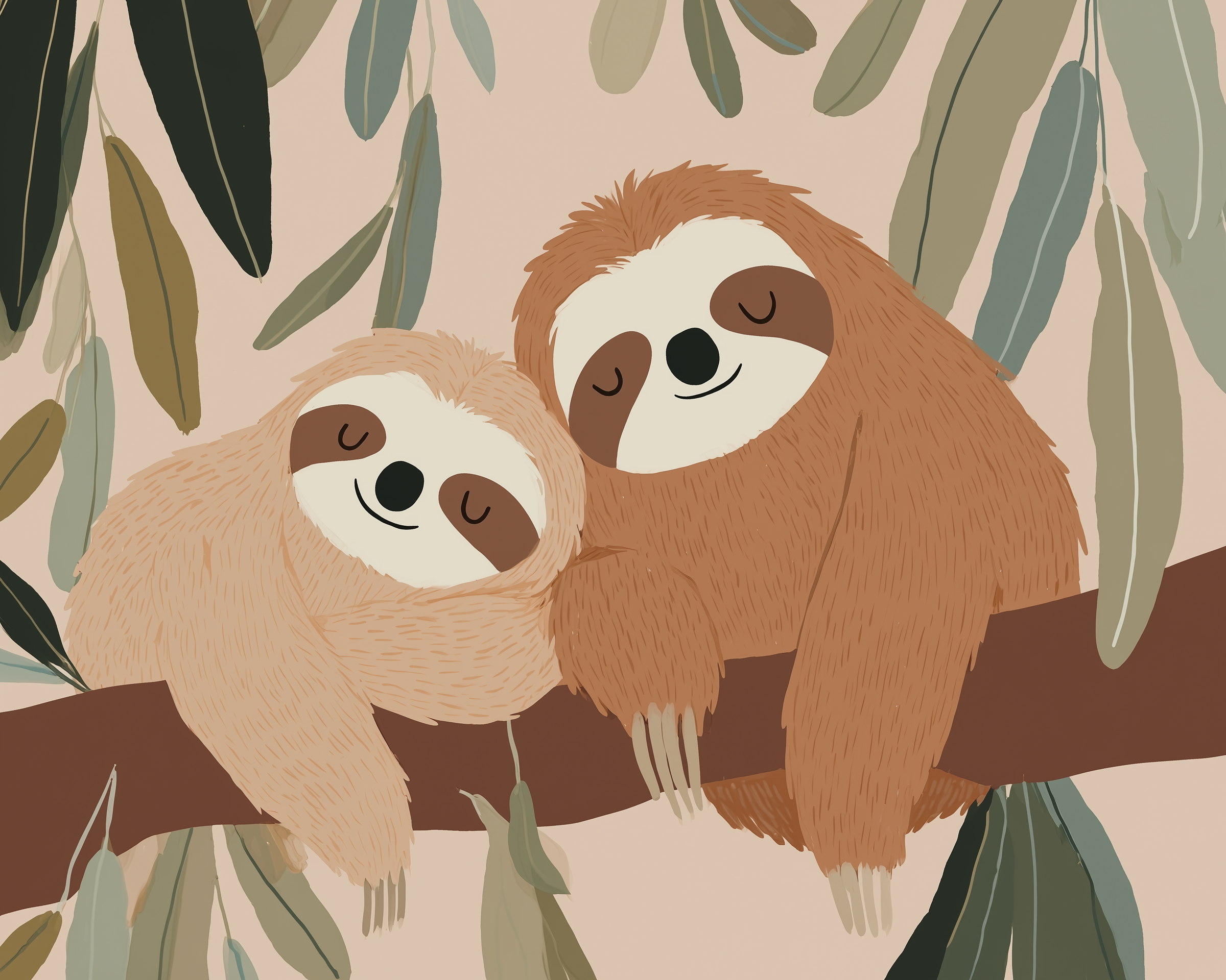 Two adorable sloths with closed eyes cuddle on a branch, surrounded by hanging leaves, in a charming illustration.