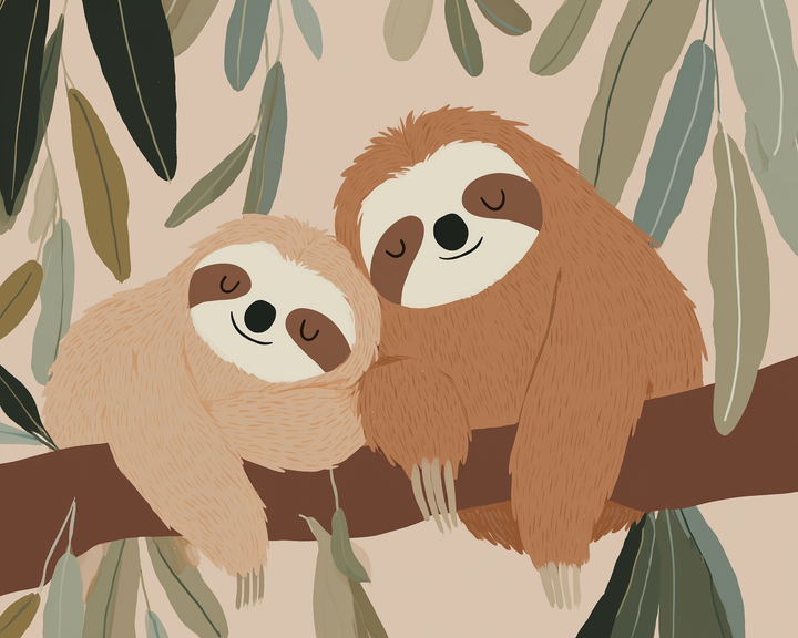 Two adorable sloths with closed eyes cuddle on a branch, surrounded by hanging leaves, in a charming illustration.